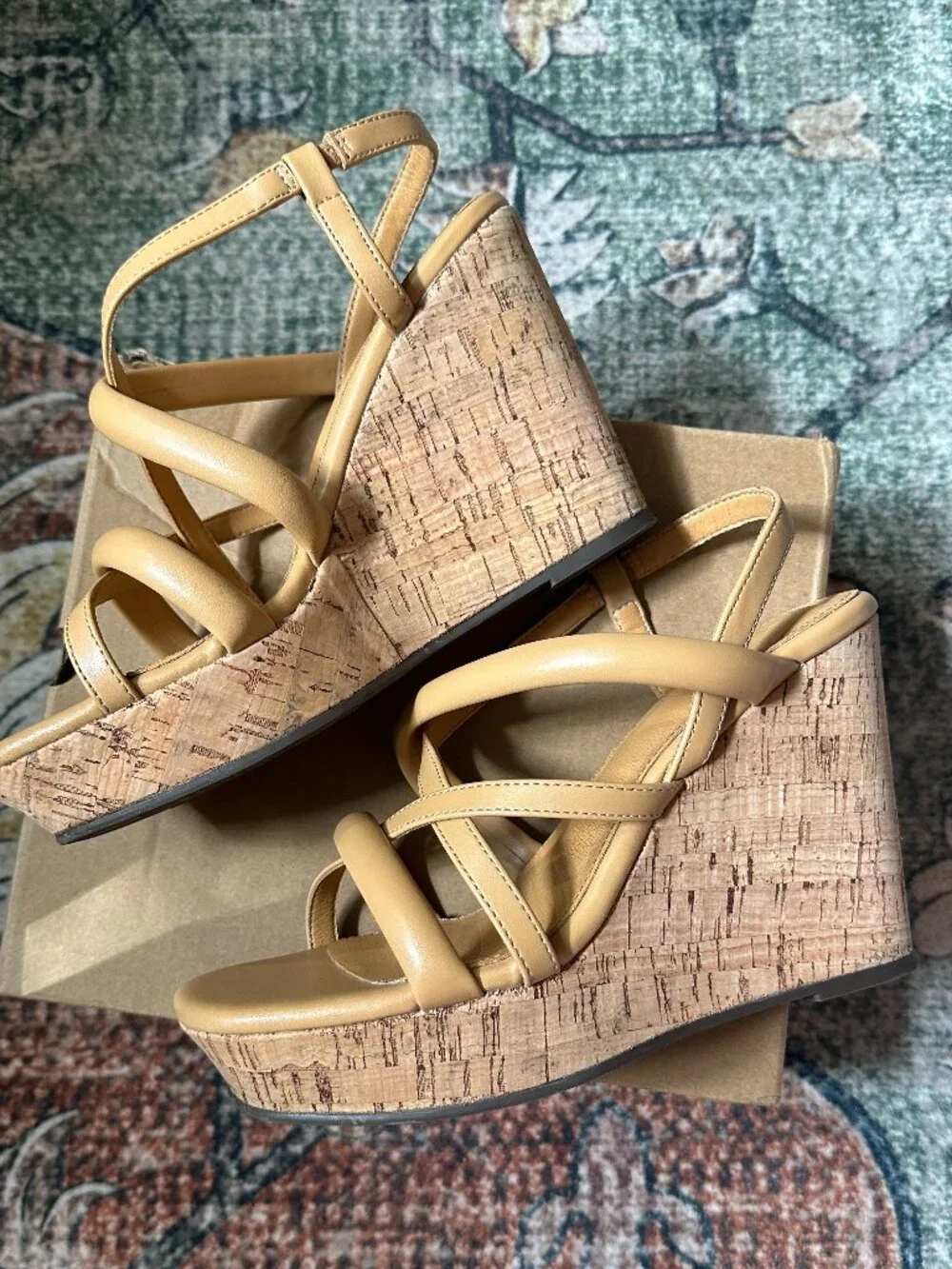 NIB Tan Strappy Padded Cork Wedges | Summer Boho-Glam Sandals